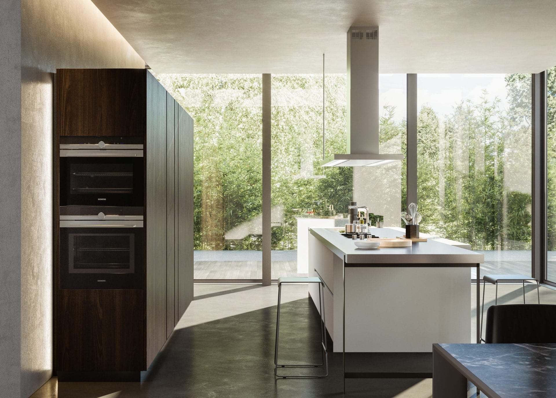 Cuisine ouverte avec colonne de fours en bois sombre et îlot blanc, modèle Ypsilon Rho