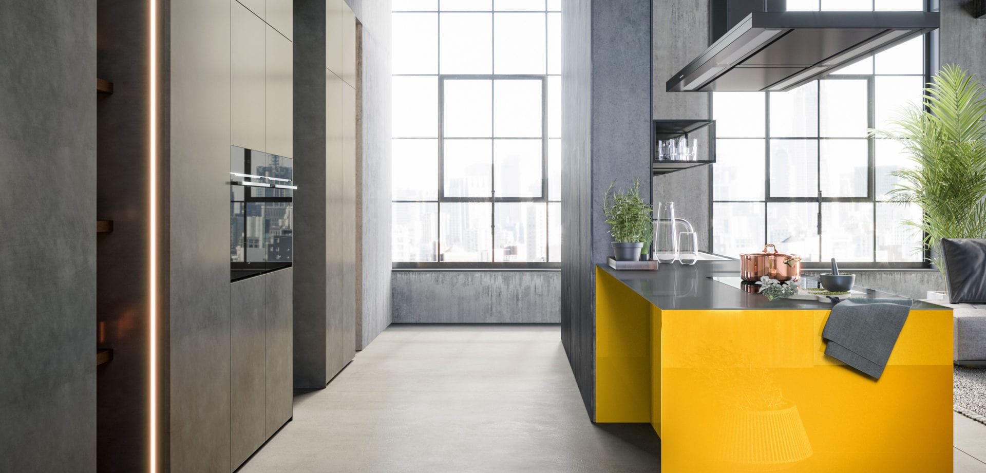 Cuisine aux façades grises avec un îlot jaune, modèle Yota