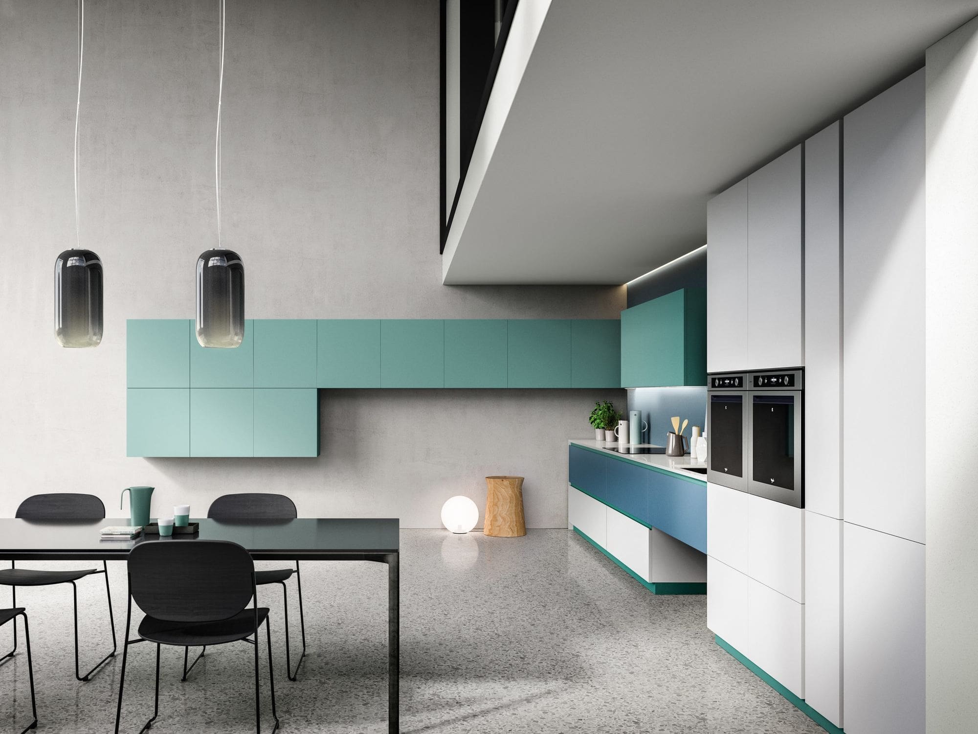 Cuisine finition Océan, façades bleu-vert, modèle Ypsilon