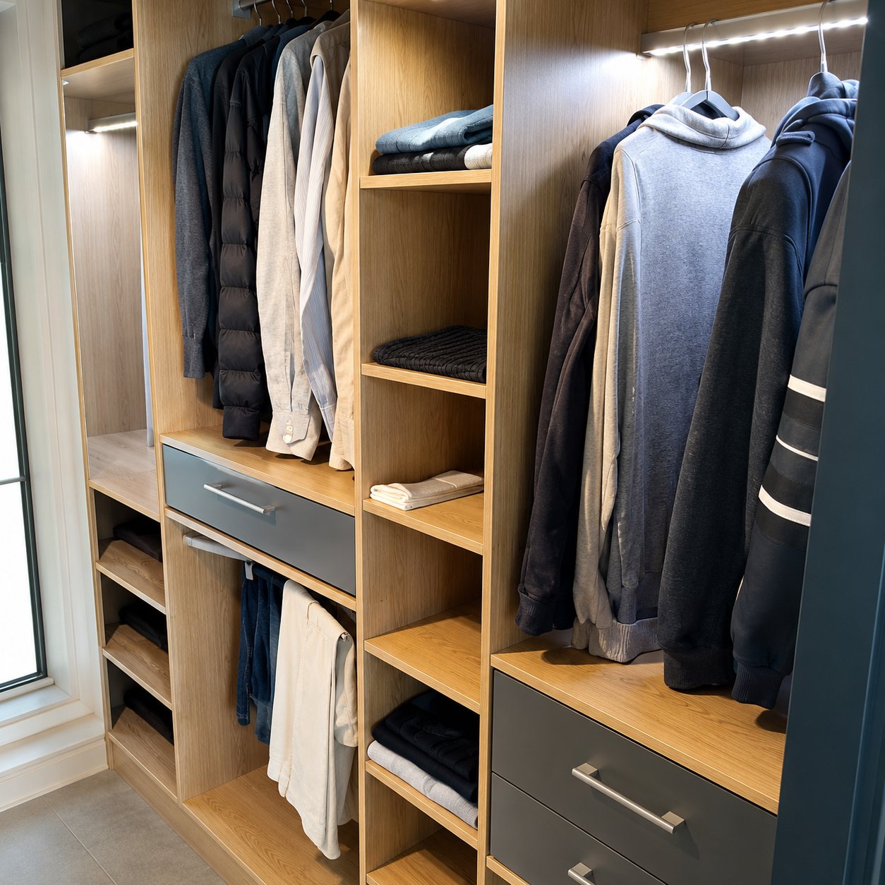 Dressing en bois clair avec penderies, étagères et tiroirs