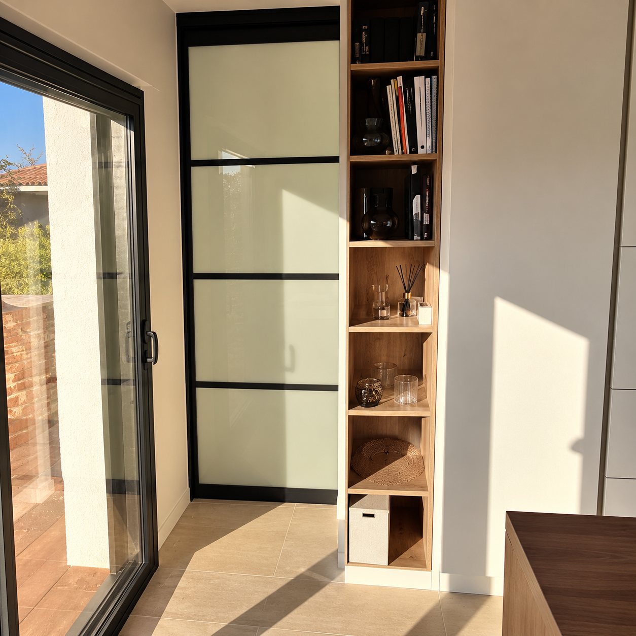 Porte coulissante vitrée à cadre noir à côté d’une bibliothèque