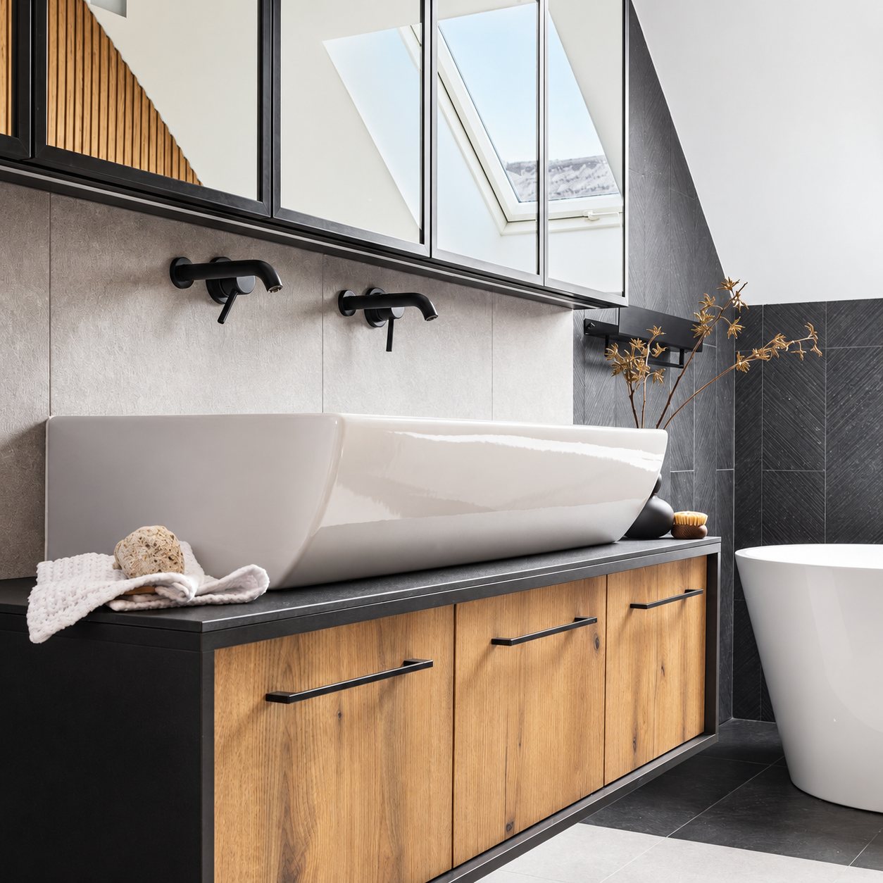 Meuble de salle de bain en bois avec vasque blanche et robinets noirs